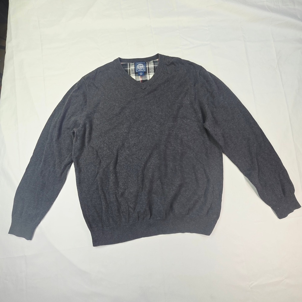 Cambridge Dry Goods V-Neck Sweater Men's XL Gray Plaid Trim Long Sleeve Pullover